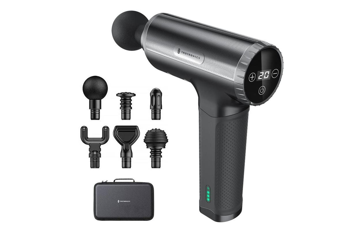 TaoTronics Massage Gun, Handheld massager, 10H Battery Life Deep Tissue Muscle Massager for Athletes, Low-Decibel Muscle Massager for Relieving Muscle Pain, Soreness and Stiffness