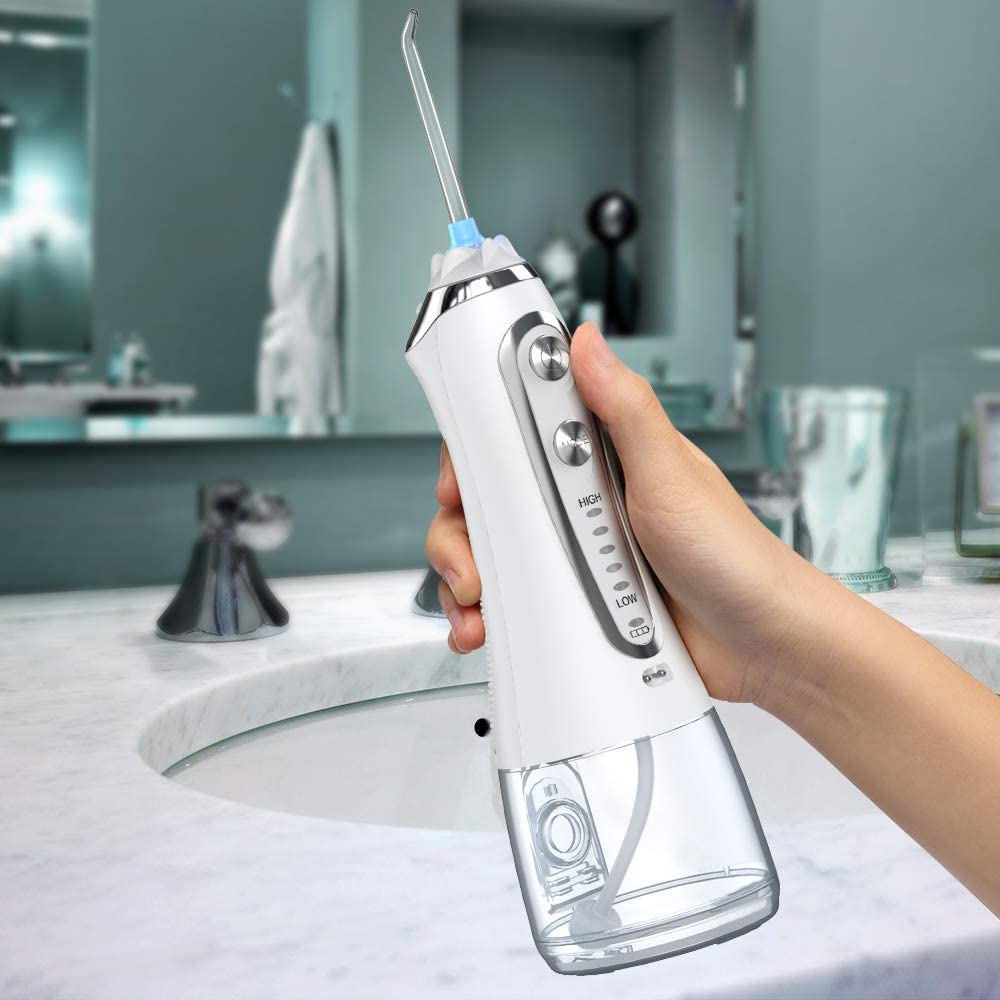 H2OFLOSS 5 Modes Cordless Dental Water Flosser with Gravity Ball Design 6 Jet Nozzles and Handy Cosmetic Bag (white)