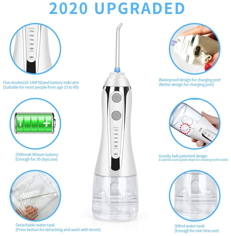 H2ofloss Cordless Water Flosser with 30 Days Battery Life, Premium Water Floss for Teeth, Portable Dental Flosser in 5 Modes, Gravity Ball for Upside Down Use, 300ml Water Tank