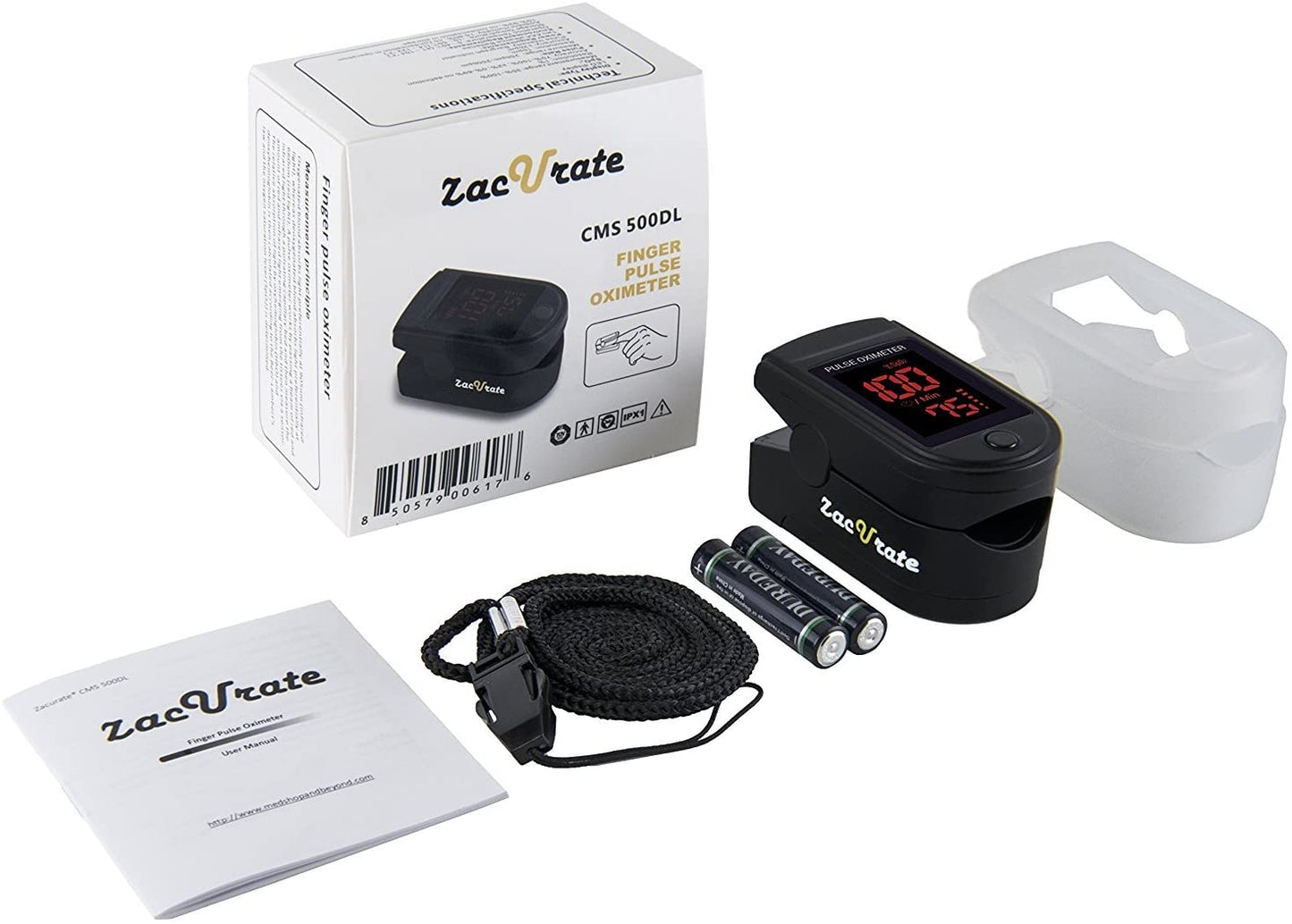Zacurate Pro Series 500DL Fingertip Pulse Oximeter Blood Oxygen Saturation Monitor with silicon cover, batteries and lanyard (Mystic Black)