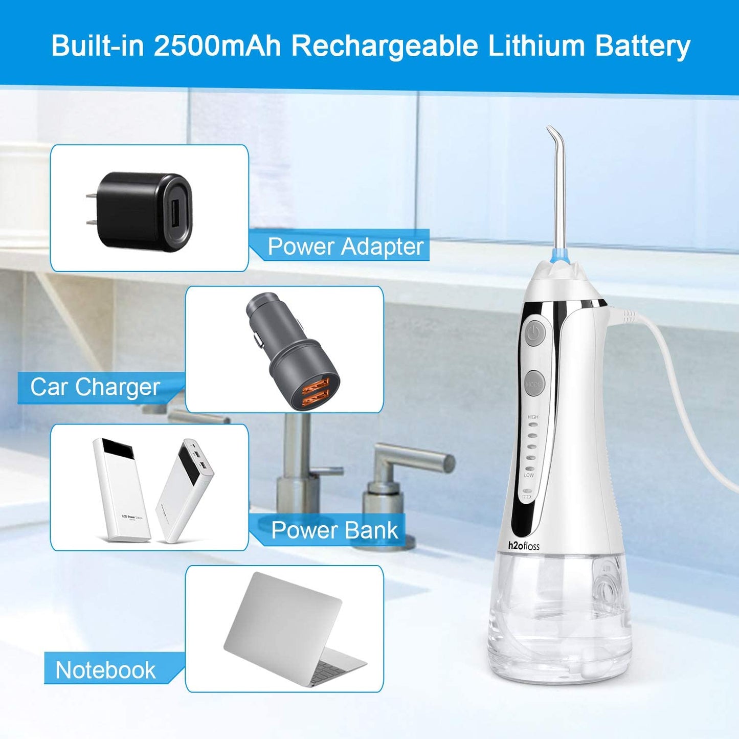 H2ofloss Cordless Water Flosser with 30 Days Battery Life, Premium Water Floss for Teeth, Portable Dental Flosser in 5 Modes, Gravity Ball for Upside Down Use, 300ml Water Tank