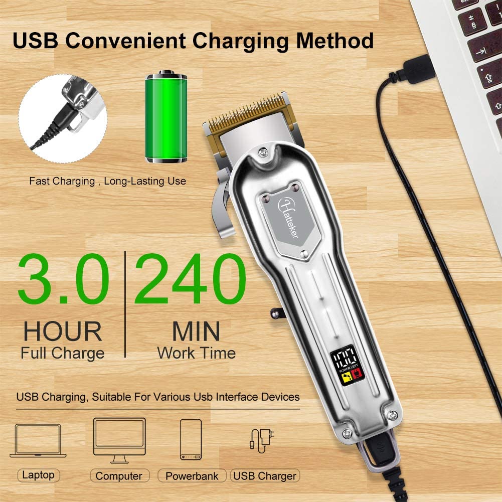 Hatteker Mens Hair Rechargeable Clipper Cordless Hair Trimmer Professional Haircut Barber Kit Hair Cutting Kit