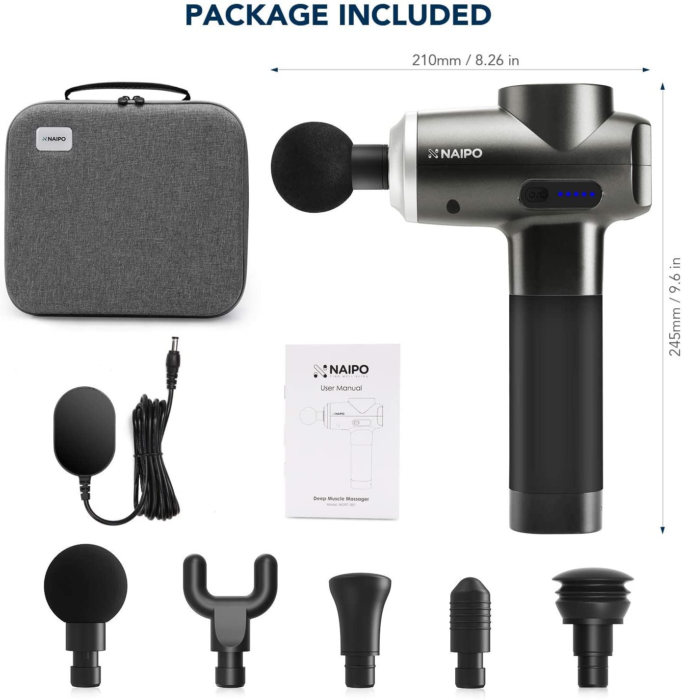 Naipo Massage Gun Deep Tissue Percussion Muscle Massager Handheld Electric Massager for Pain Relief Athlete Deep Muscle Relaxation Quiet Brushless Motor Cordless 2lbs Portable with Carrying Case