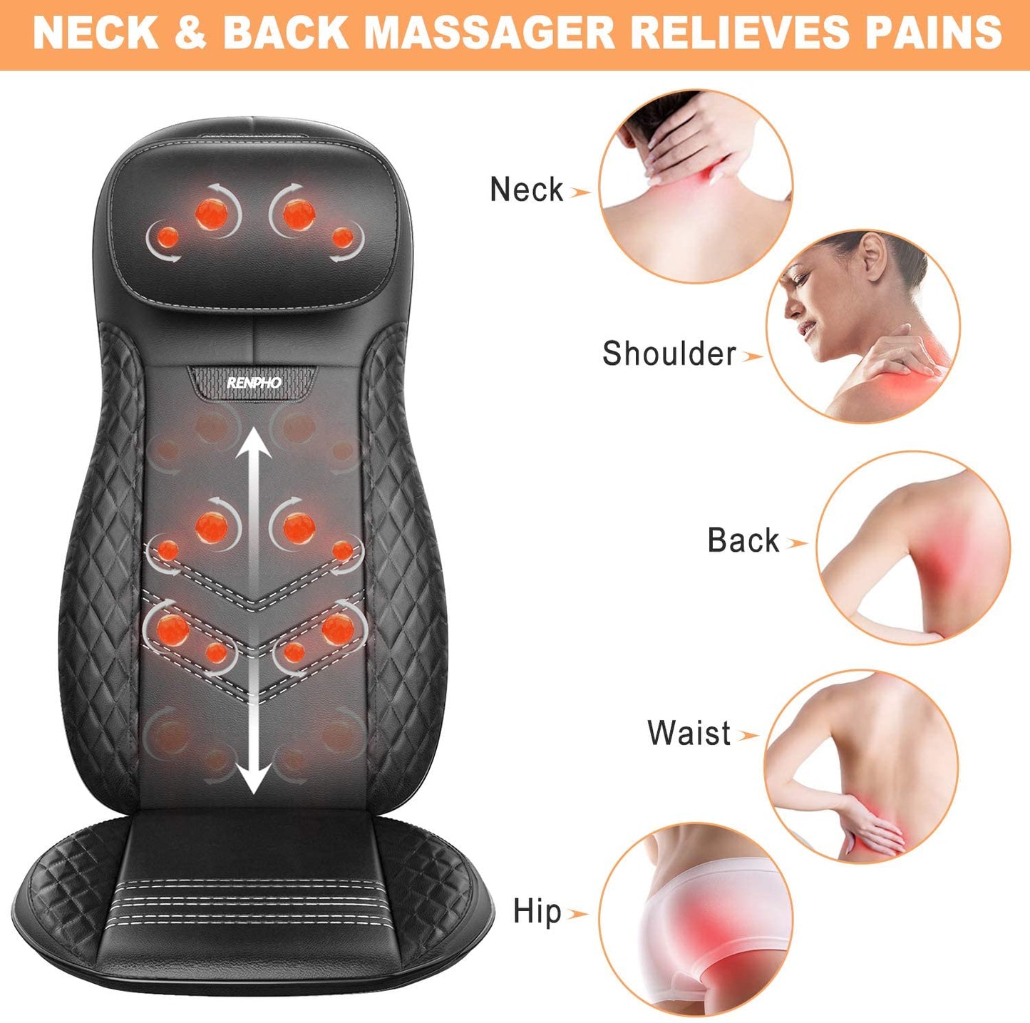 RENPHO Shiatsu Massage Seat Back & Neck Massager with Heat and Vibration