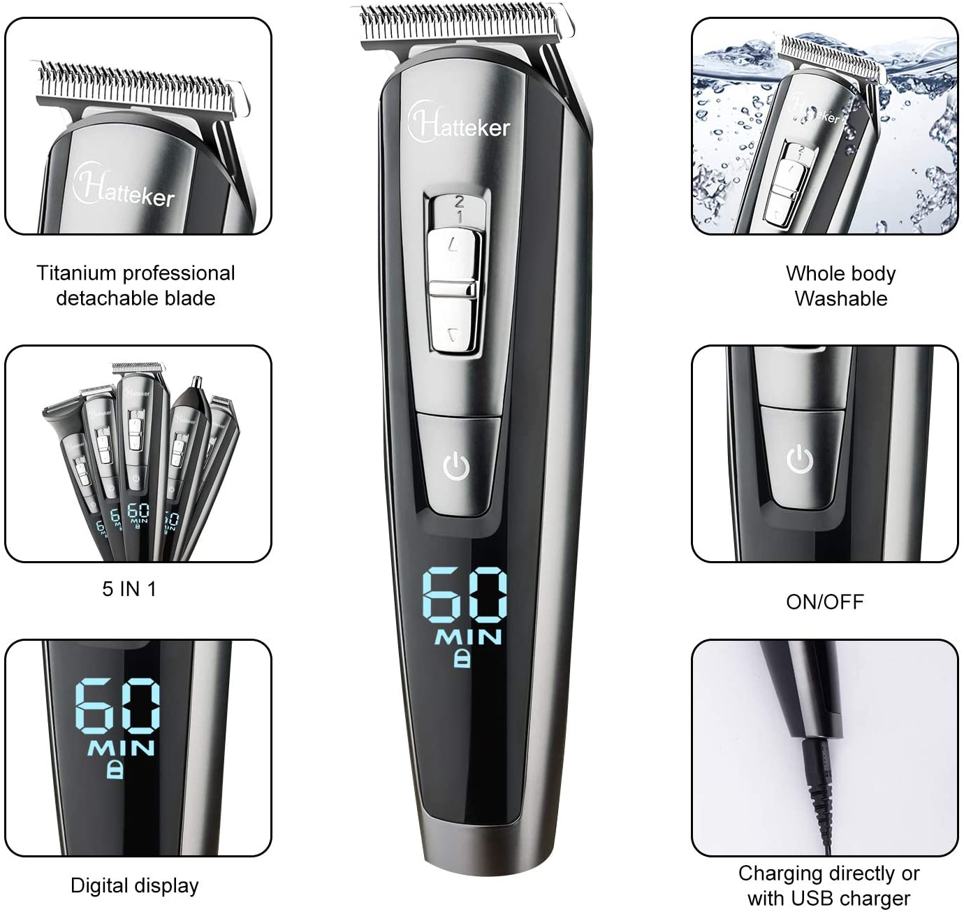 Hatteker 5 In 1 Hair Beard Mustache Nose Waterproof Groomer Precision Trimmer Kit For Men