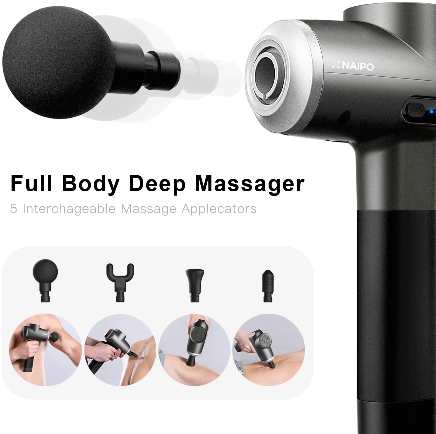 Naipo Massage Gun Deep Tissue Percussion Muscle Massager Handheld Electric Massager for Pain Relief Athlete Deep Muscle Relaxation Quiet Brushless Motor Cordless 2lbs Portable with Carrying Case