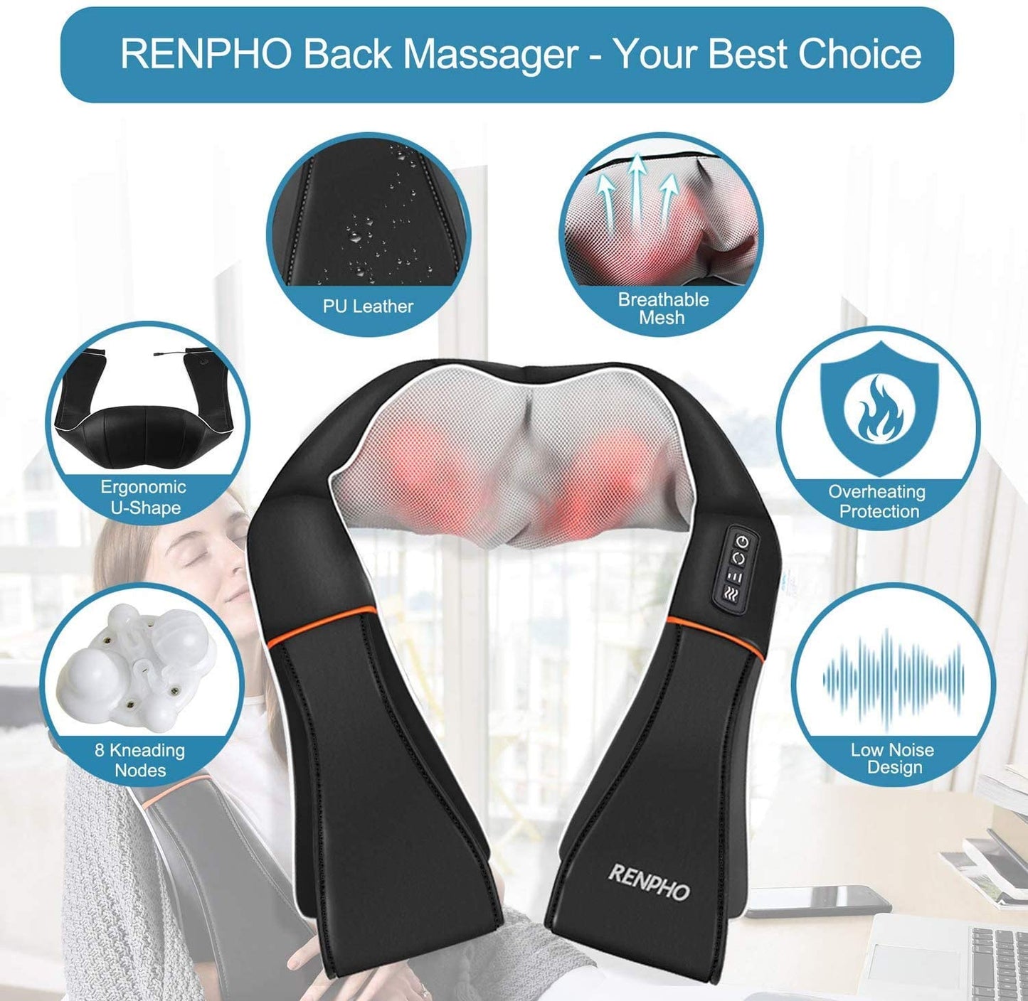 RENPHO Shiatsu Neck and Shoulder Back Massager Vibration Deep Tissue Kneading