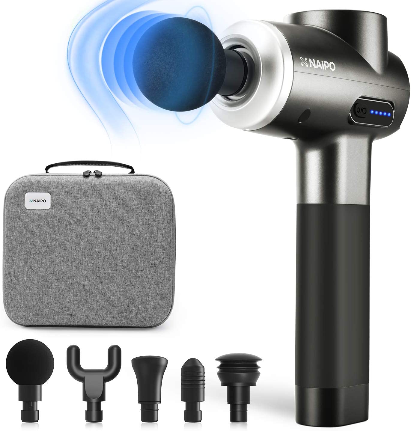 Naipo Massage Gun Deep Tissue Percussion Muscle Massager Handheld Electric Massager for Pain Relief Athlete Deep Muscle Relaxation Quiet Brushless Motor Cordless 2lbs Portable with Carrying Case