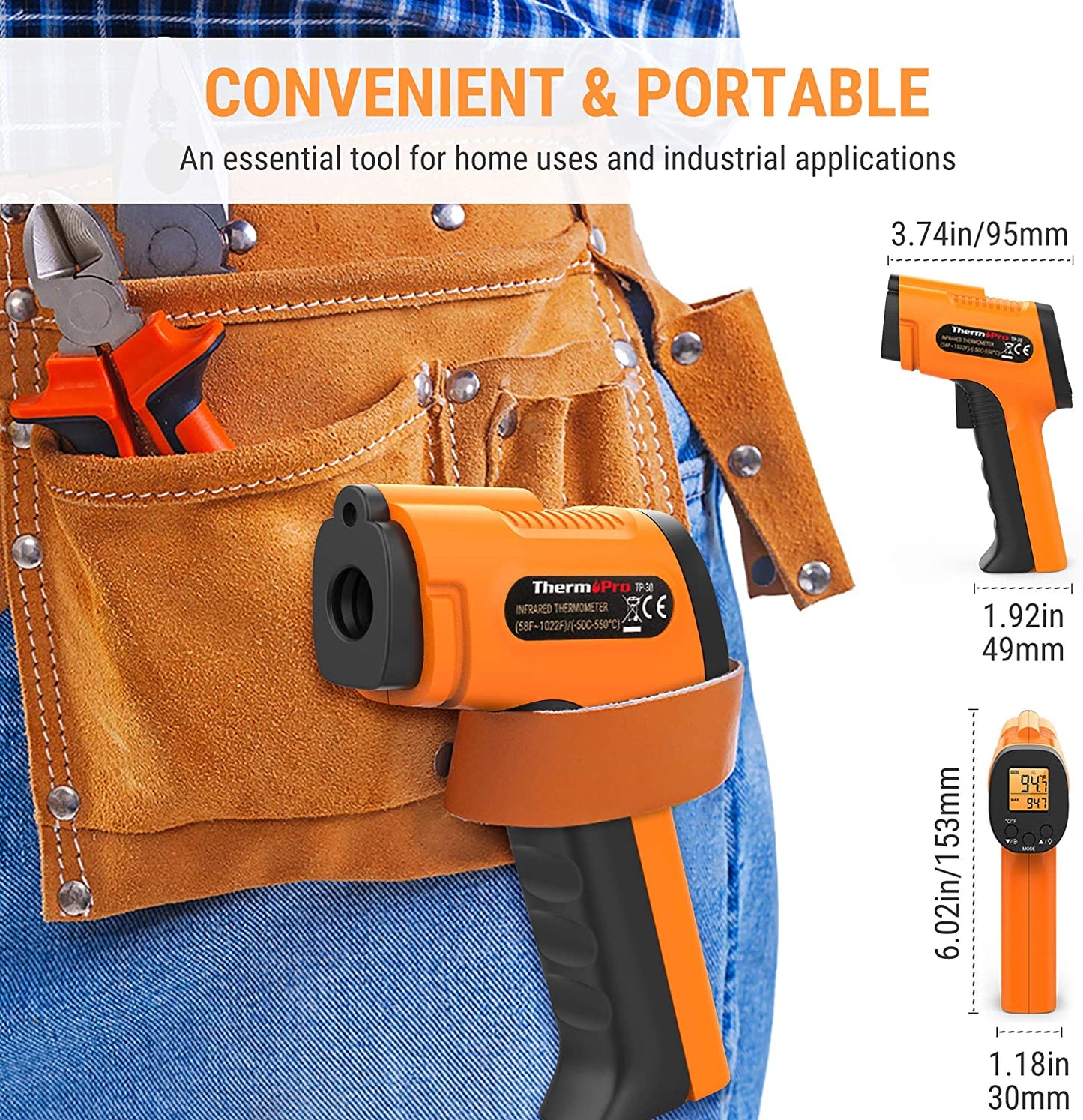 ThermoPro TP30 Digital Infrared Thermometer Gun Non Contact Laser Temperature Gun -58°F ~1022°F (-50°C ~ 550°C) with Adjustable Emissivity & Max Measure (NOT for Human Body Temperature)
