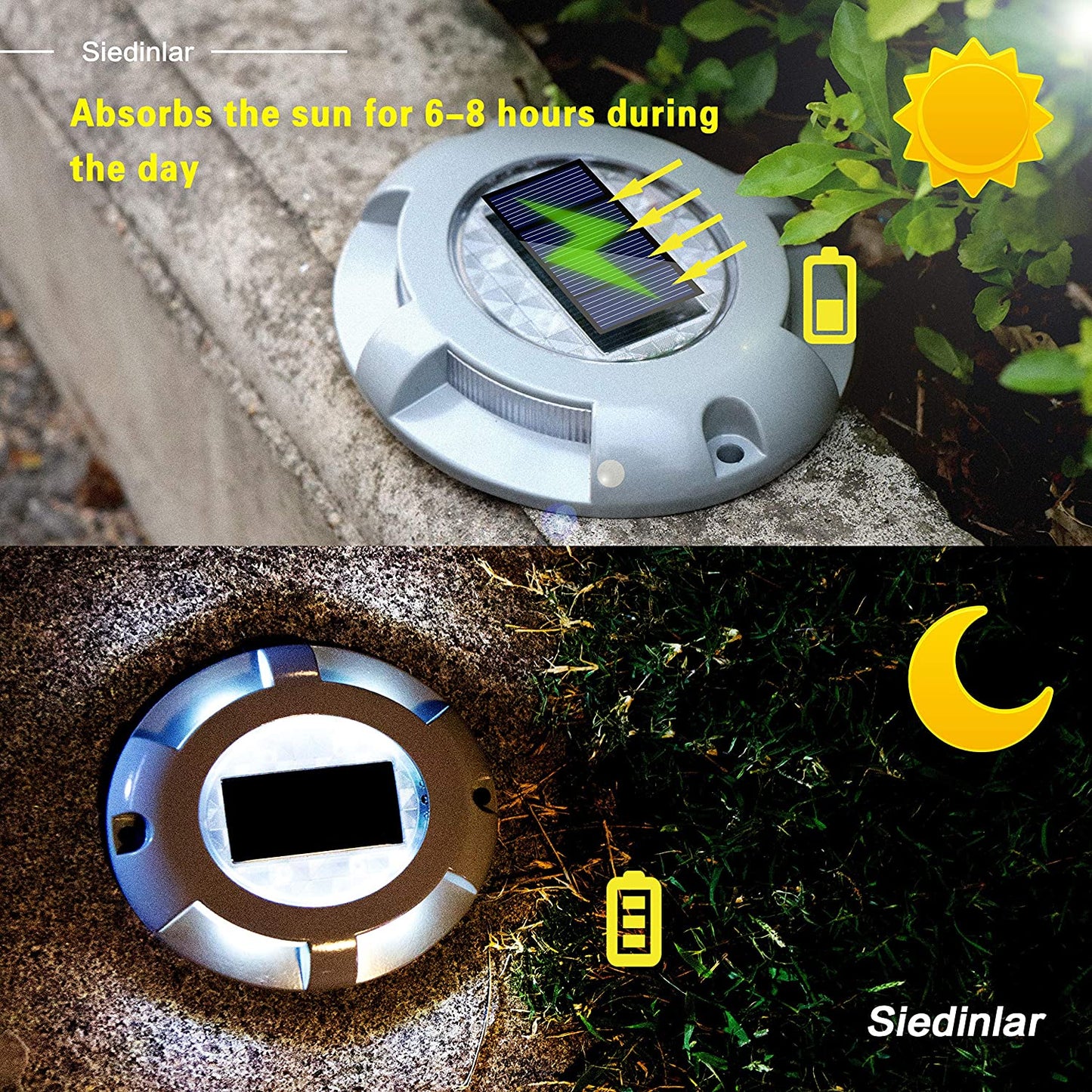 Siedinlar Solar Deck Lights Driveway Dock LED Light Solar Powered Outdoor Waterproof Road Markers for Step Sidewalk Stair Garden Ground Pathway Yard 4 Pack (White)