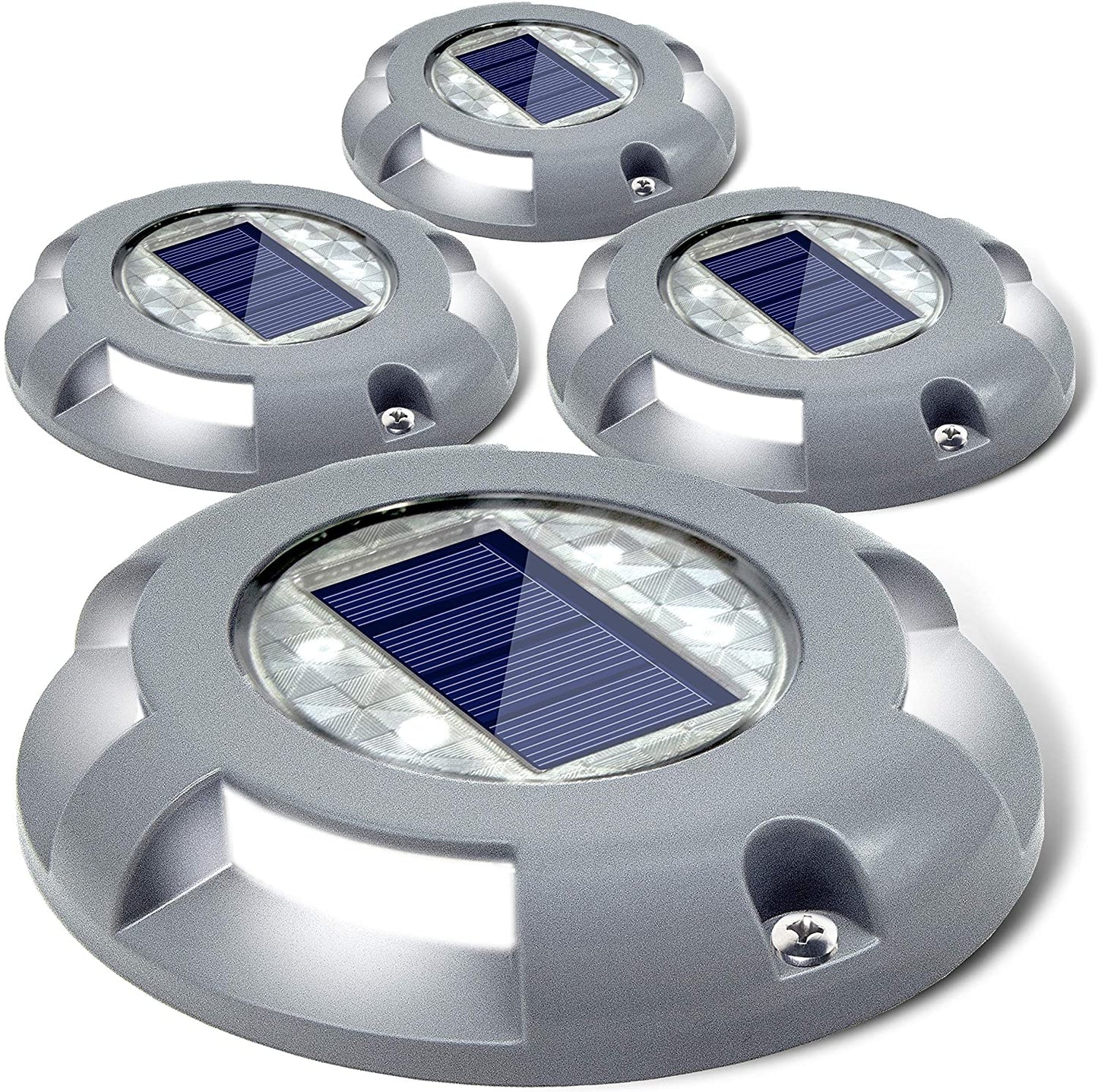 Siedinlar Solar Deck Lights Driveway Dock LED Light Solar Powered Outdoor Waterproof Road Markers for Step Sidewalk Stair Garden Ground Pathway Yard 4 Pack (White)