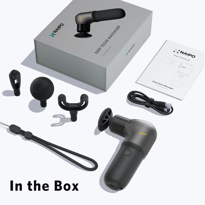 NAIPO MINI DEEP TISSUE PERCUSSION MASSAGE GUN | SUPER LIGHT AND PORTABLE, 5 SPEEDS, 4 INTERCHANGEABLE HEADS