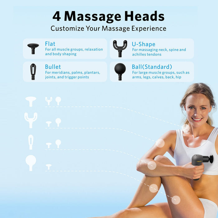 NAIPO MINI DEEP TISSUE PERCUSSION MASSAGE GUN | SUPER LIGHT AND PORTABLE, 5 SPEEDS, 4 INTERCHANGEABLE HEADS
