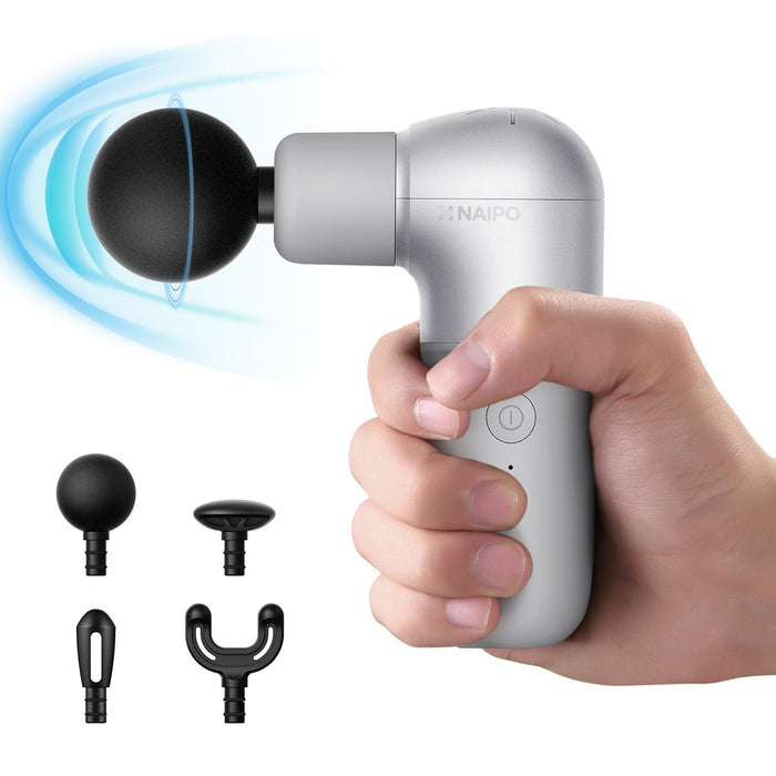 NAIPO MINI DEEP TISSUE PERCUSSION MASSAGE GUN | SUPER LIGHT AND PORTABLE, 5 SPEEDS, 4 INTERCHANGEABLE HEADS