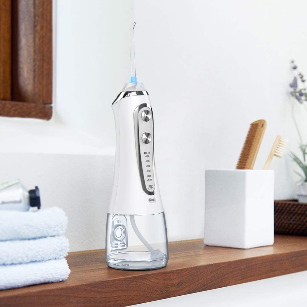 H2OFLOSS 5 Modes Cordless Dental Water Flosser with Gravity Ball Design 6 Jet Nozzles and Handy Cosmetic Bag (white)