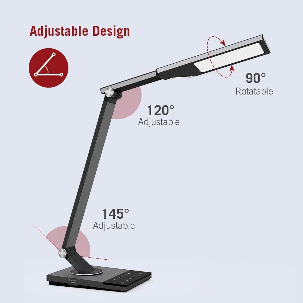 TaoTronics TT-DL16 Stylish Metal LED Desk Lamp, Office 5V/2A USB Port, 5 Color Modes, 6 Brightness Levels, Touch Control, Timer, Night Light, Official Member of Philips Enabled Licensing Program
