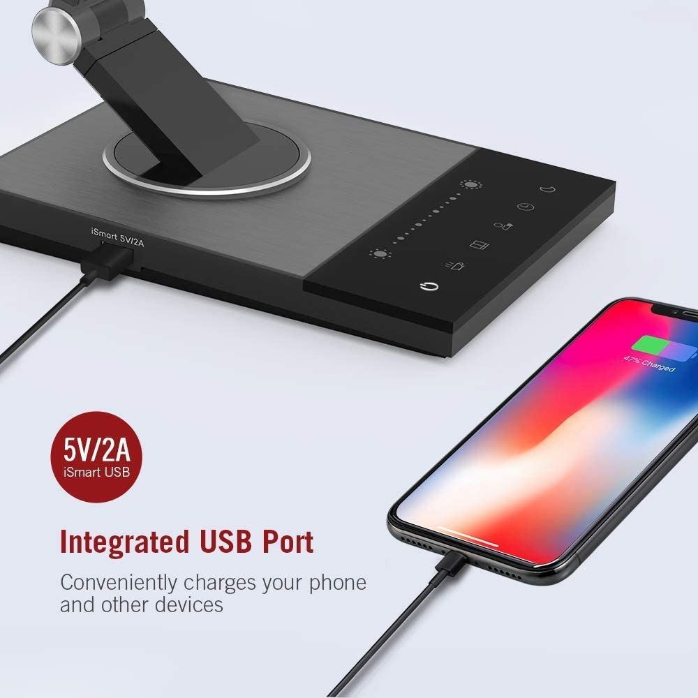 TaoTronics TT-DL16 Stylish Metal LED Desk Lamp, Office 5V/2A USB Port, 5 Color Modes, 6 Brightness Levels, Touch Control, Timer, Night Light, Official Member of Philips Enabled Licensing Program