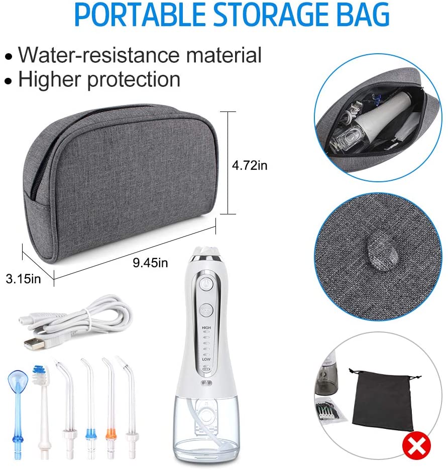 H2OFLOSS 5 Modes Cordless Dental Water Flosser with Gravity Ball Design 6 Jet Nozzles and Handy Cosmetic Bag (white)