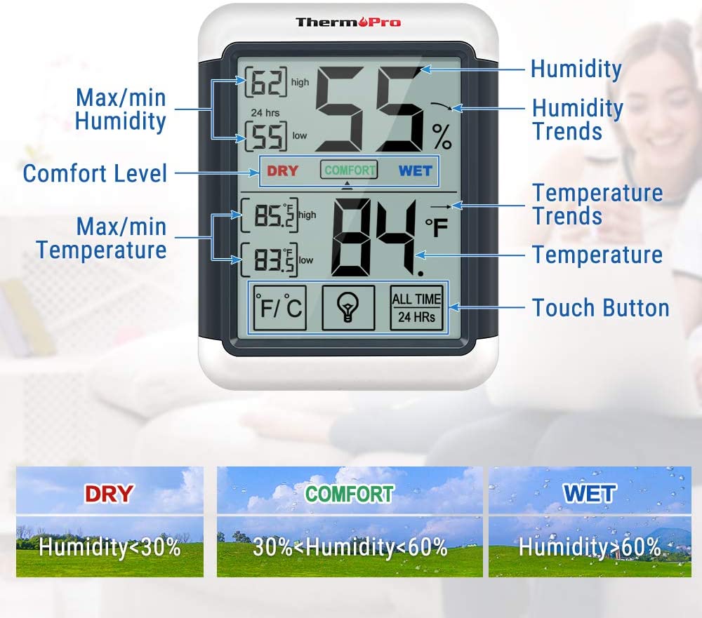 ThermoPro TP55 Digital Hygrometer Thermometer Indoor Humidity Temperature Monitor with Large LCD Display and Backlight