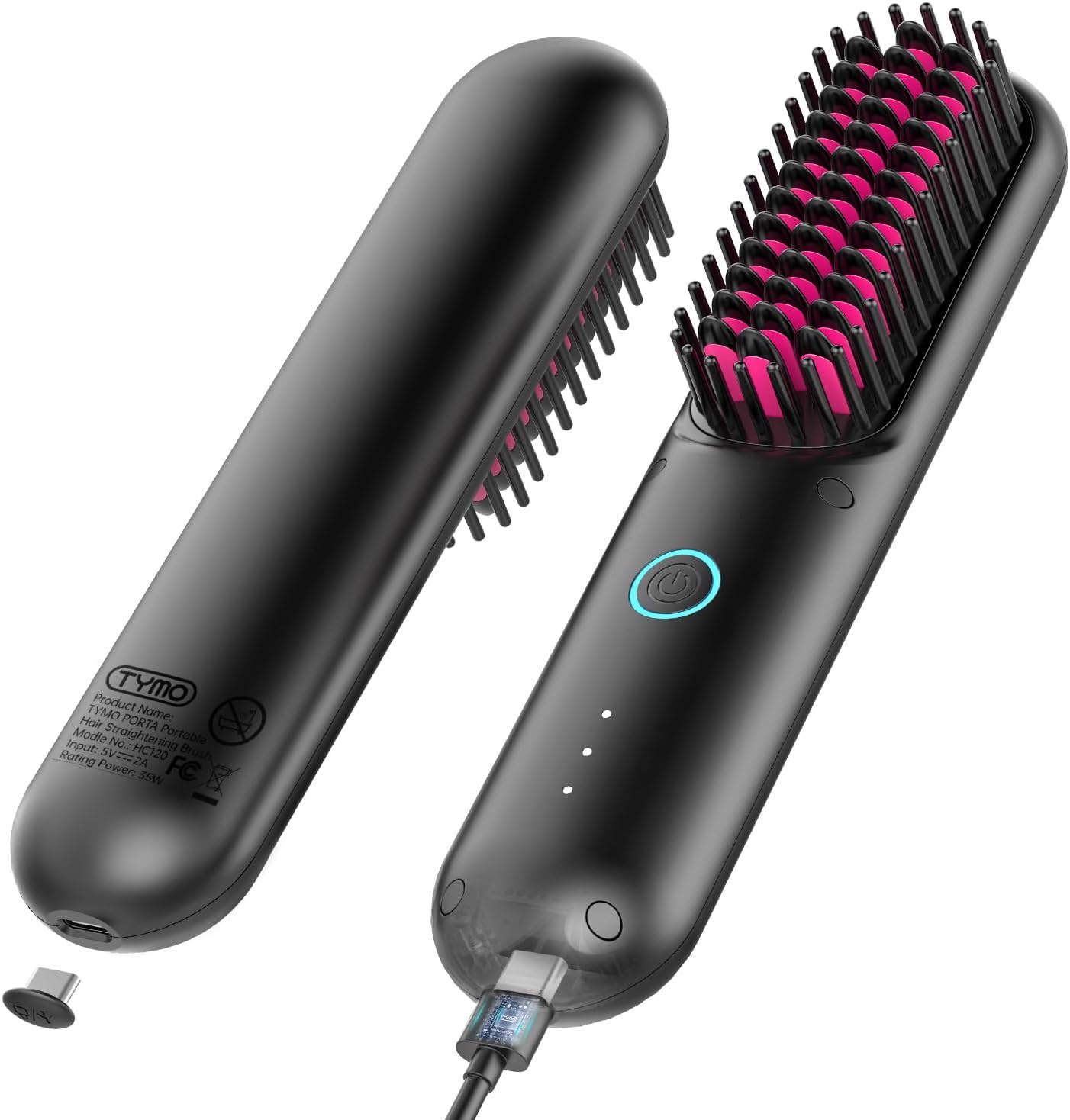 TYMO Hair Straightener Brush Cordless, Mini Hair Straightening Brush with USB Rechargeable, 5 Million Negative Ion, Portable Heating Brush for Travel, Anti-Scald, Safety Lock, PORTA Matte Black.