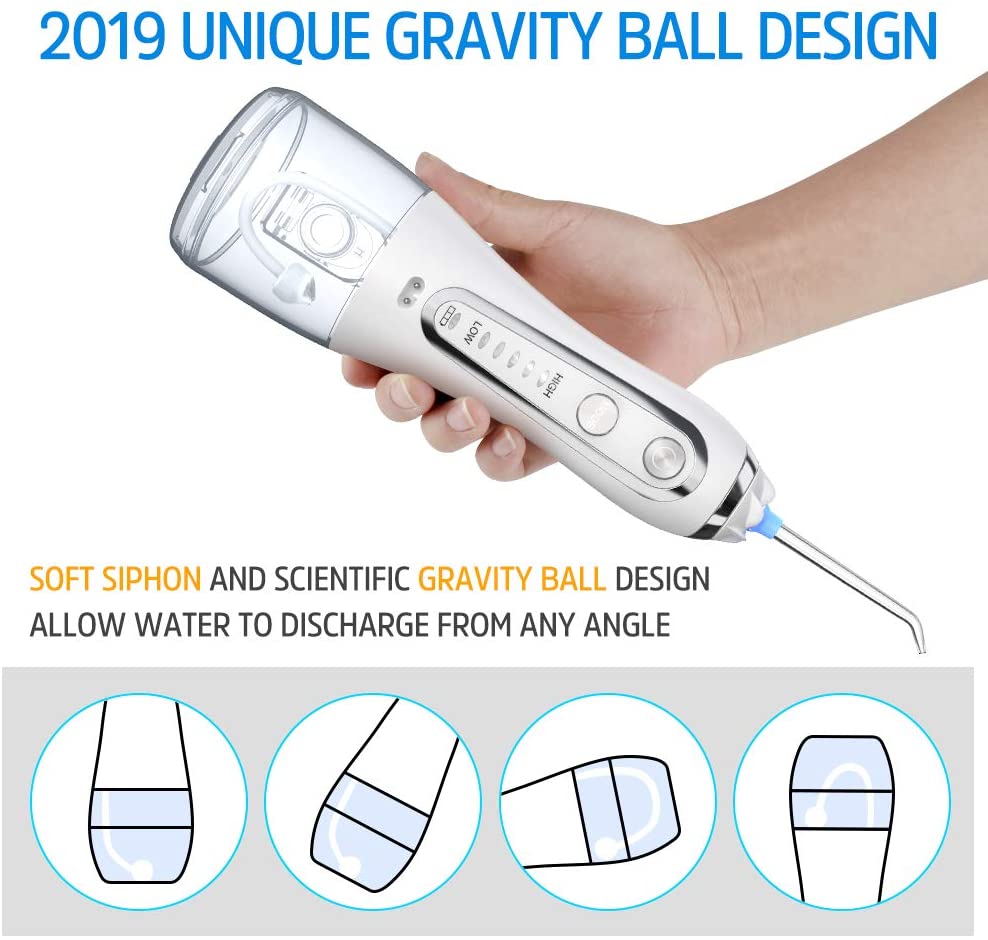 H2OFLOSS 5 Modes Cordless Dental Water Flosser with Gravity Ball Design 6 Jet Nozzles and Handy Cosmetic Bag (white)
