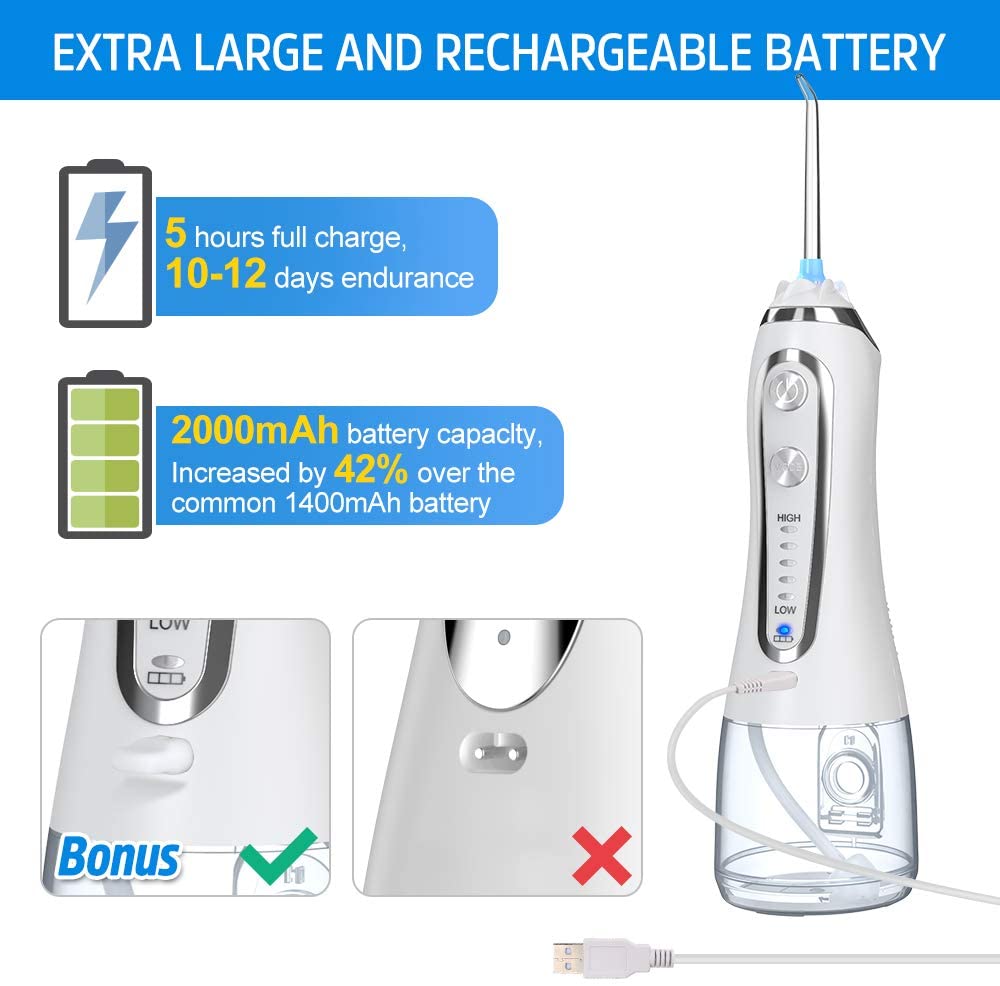 H2OFLOSS 5 Modes Cordless Dental Water Flosser with Gravity Ball Design 6 Jet Nozzles and Handy Cosmetic Bag (white)