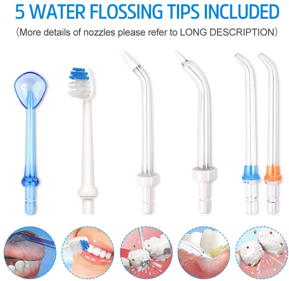 H2OFLOSS 5 Modes Cordless Dental Water Flosser with Gravity Ball Design 6 Jet Nozzles and Handy Cosmetic Bag (white)