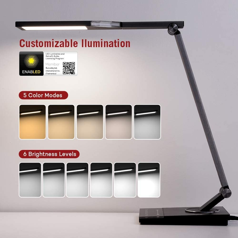 TaoTronics TT-DL16 Stylish Metal LED Desk Lamp, Office 5V/2A USB Port, 5 Color Modes, 6 Brightness Levels, Touch Control, Timer, Night Light, Official Member of Philips Enabled Licensing Program