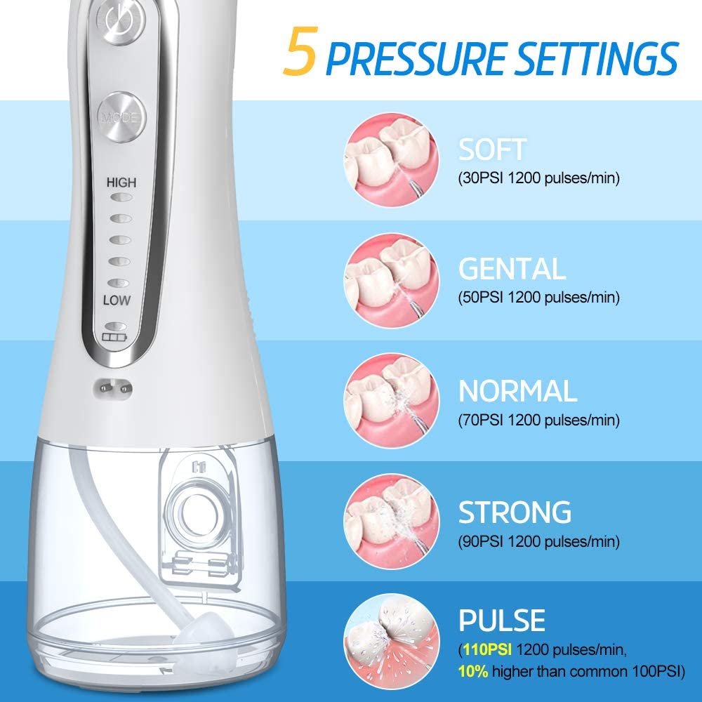H2OFLOSS 5 Modes Cordless Dental Water Flosser with Gravity Ball Design 6 Jet Nozzles and Handy Cosmetic Bag (white)