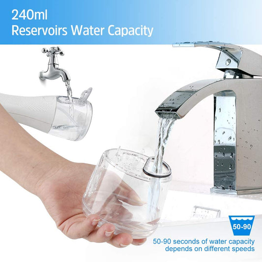 H2OFLOSS 5 Modes Cordless Dental Water Flosser with Gravity Ball Design 6 Jet Nozzles and Handy Cosmetic Bag (white)