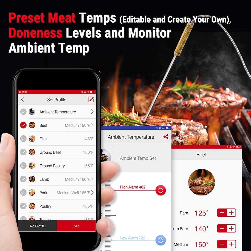 ThermoPro TP25 500ft Wireless Bluetooth Meat Thermometer with 4 Temperature Probes Smart Digital Cooking BBQ Thermometer for Grilling Oven Food Smoker Thermometer, Rechargeable