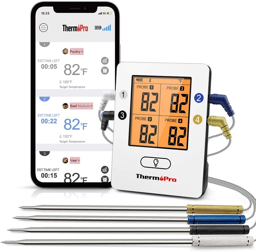 ThermoPro TP25 500ft Wireless Bluetooth Meat Thermometer with 4 Temperature Probes Smart Digital Cooking BBQ Thermometer for Grilling Oven Food Smoker Thermometer, Rechargeable