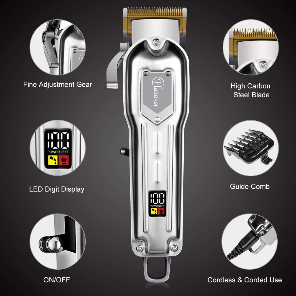 Hatteker Mens Hair Rechargeable Clipper Cordless Hair Trimmer Professional Haircut Barber Kit Hair Cutting Kit