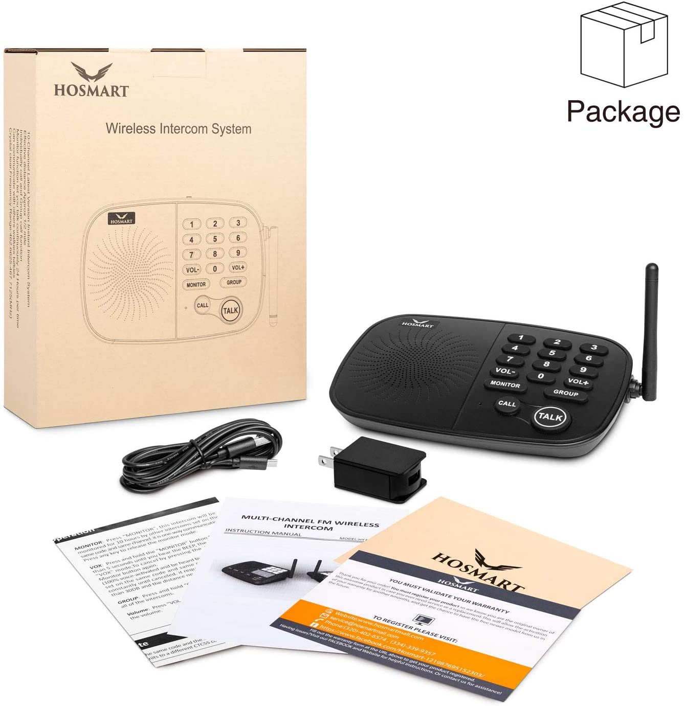 Hosmart Wireless Intercom System 1/2 Mile Long Range 10-Channel Security for Home or Office [2 Stations Black]