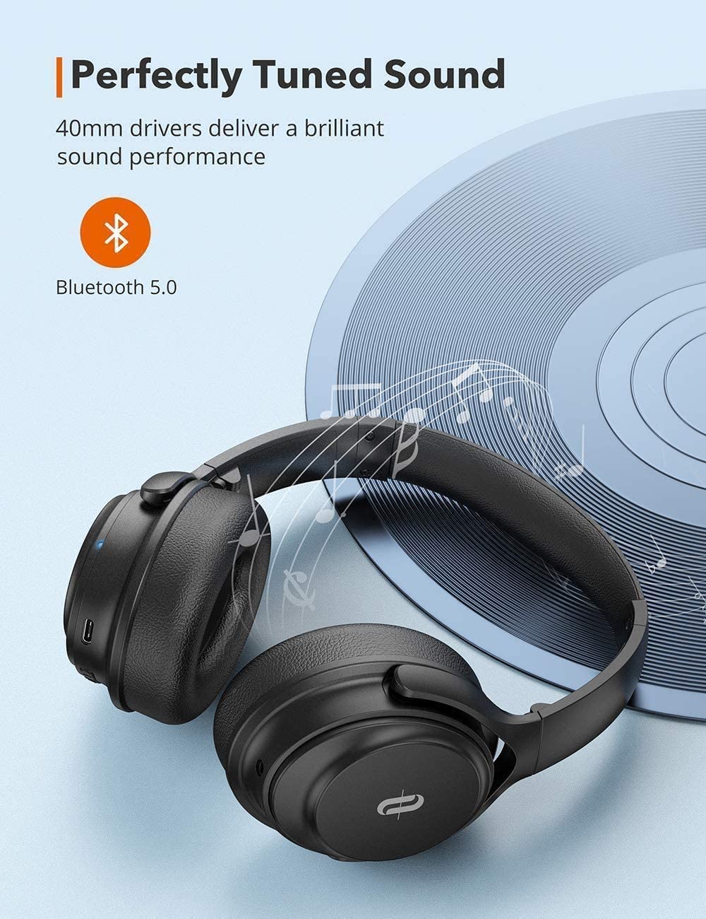 TaoTronics TT-BH085 Active Noise Cancelling Headphones, Bluetooth Headphones [Upgraded] Over Ear Wireless Headphones 40H Playtime Type-C Fast Charging Bluetooth 5.0 CVC 8.0 Mic for TV PC Cellphone, Suitable for Online Class and Meeting