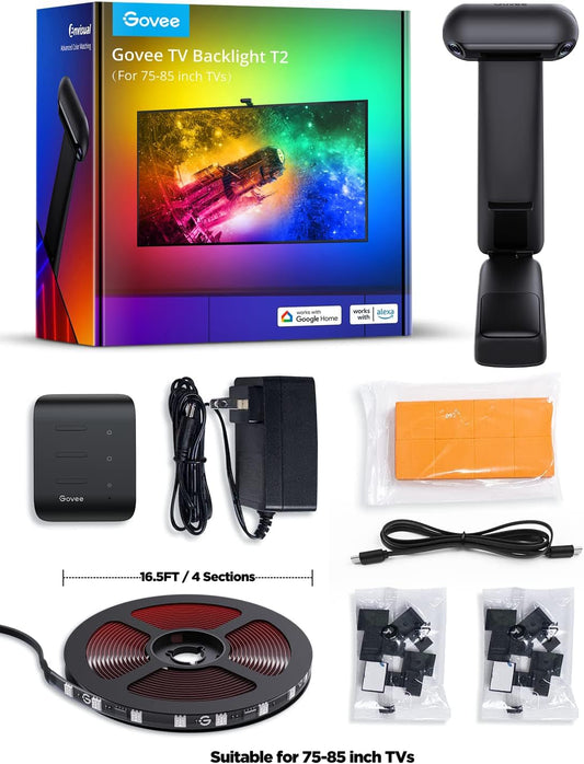 Govee Envisual TV Backlight T2 with Dual Cameras, 16.4ft RGBIC Wi-Fi LED Backlights for 75-85 inch TVs, Double Light Beads, for Home Decorations, Smart App Control, Music Sync
