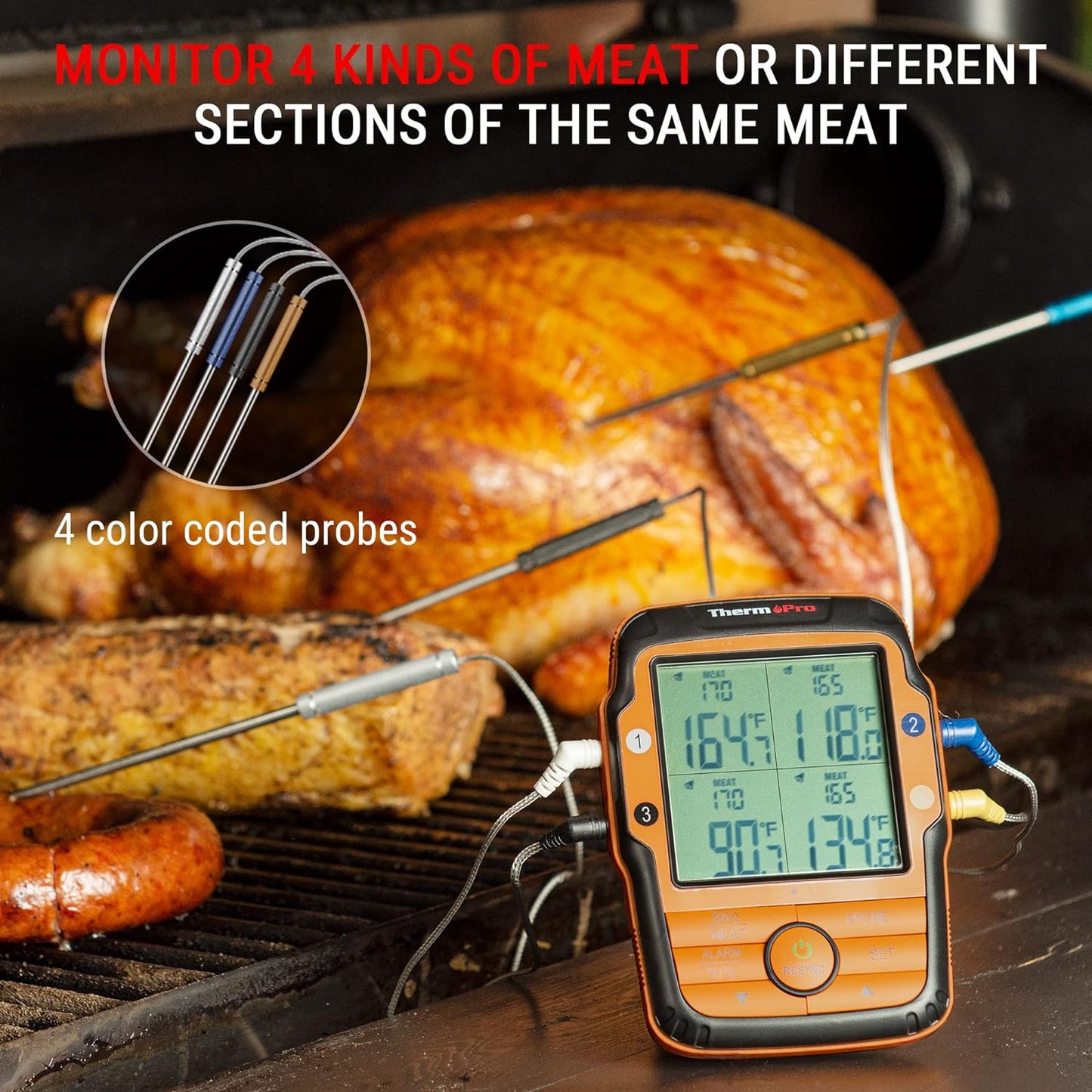 ThermoPro TP27 500FT Long Range Wireless Meat Thermometer for Grilling and Smoking with 4 Probes Smoker BBQ Grill Kitchen Food Cooking Digital Thermometer for Meat