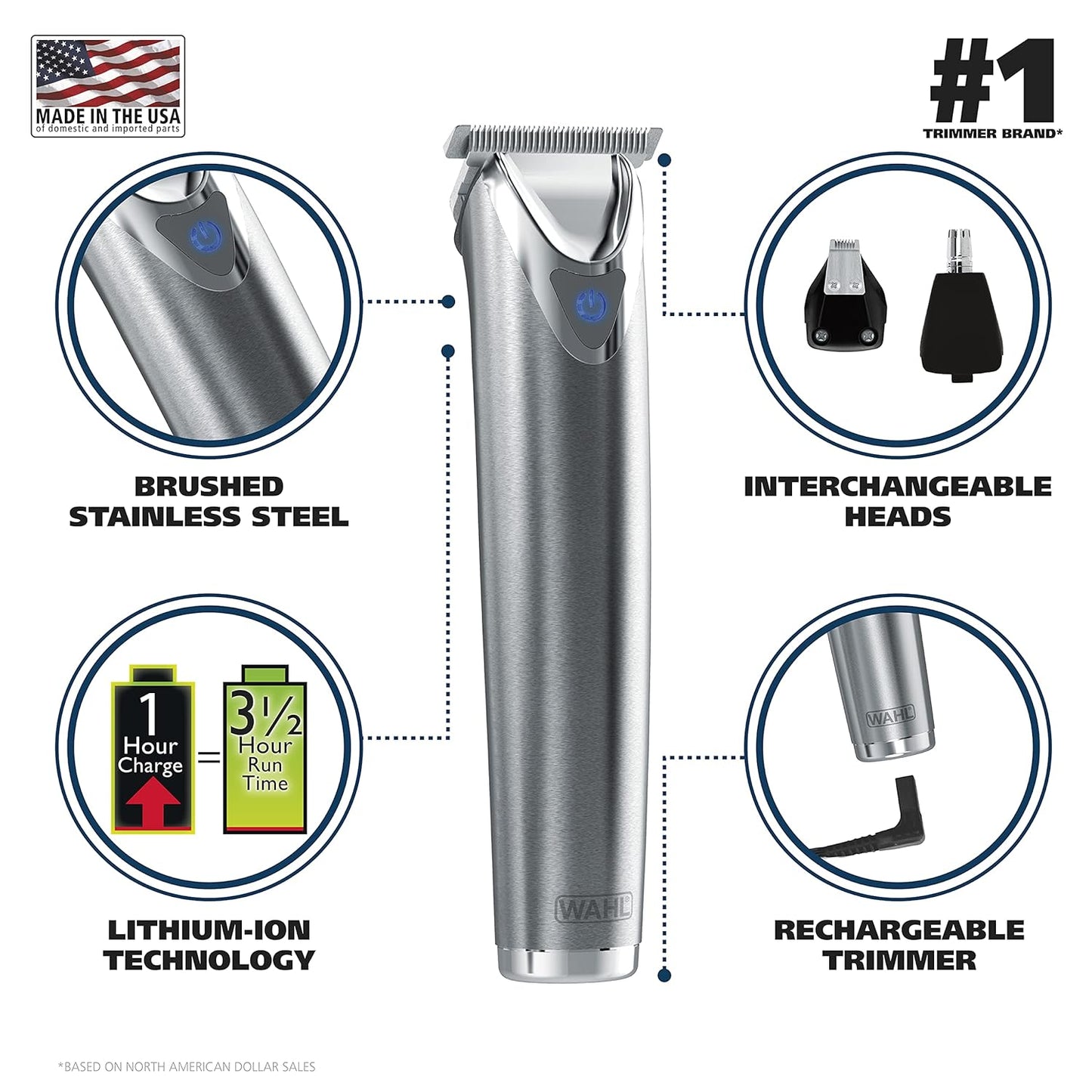 Wahl USA Stainless Steel Lithium-Ion Cordless Beard Trimmer for Men - Rechargeable All in One Men's Beard Trimmer with Rotary Ear & Nose Trimmer, & Detail Trimmer - Model 9818A