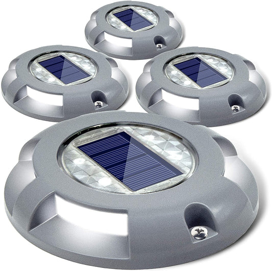 Siedinlar Solar Deck Lights Driveway Dock LED Light Solar Powered Outdoor Waterproof Road Markers for Step Sidewalk Stair Garden Ground Pathway Yard 4 Pack (White)