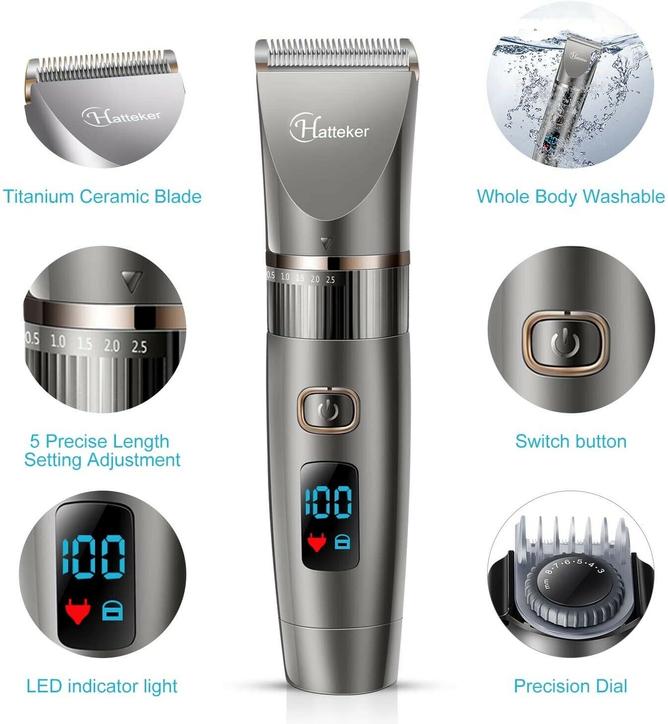 Hatteker Mens Beard Cordless Hair Trimmer Clipper Detail Grooming Kit