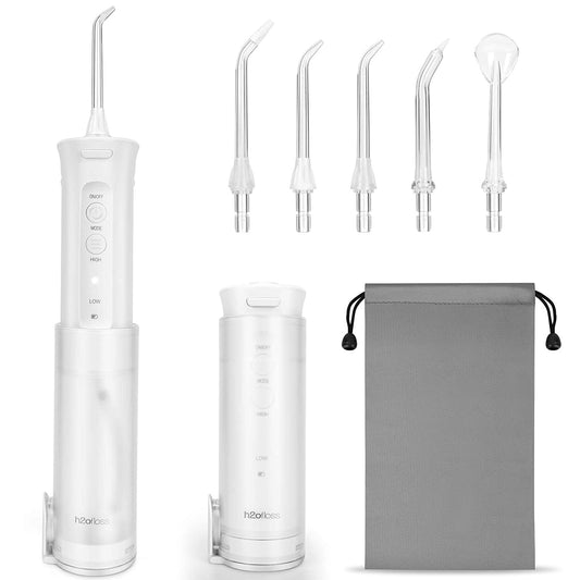 H2OFLOSS Cordless Water Flosser Teeth Pick, [2020 NEWEST] High Pulse Rechargable Portable Oral Irrigator For Travel, Braces & Bridges Care, IPX7 Waterproof With 5 Interchangeable Jet Tips, White