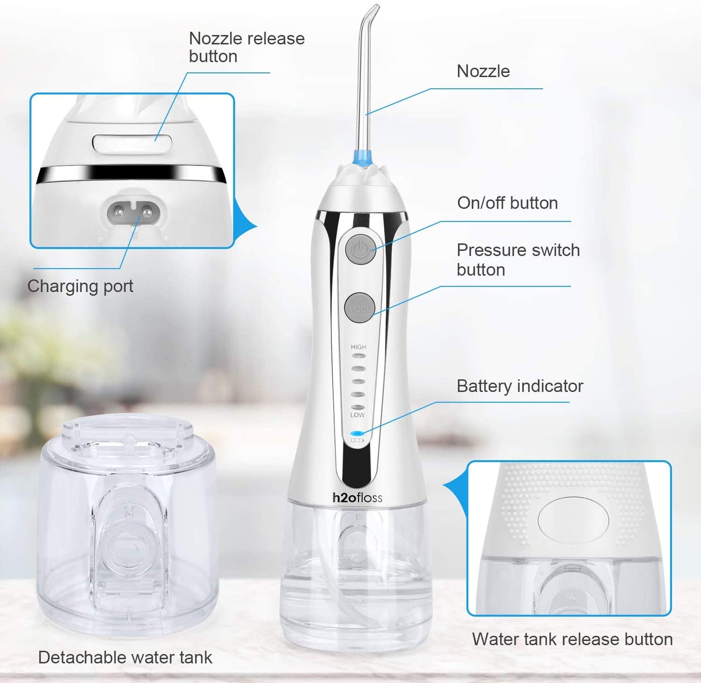 H2ofloss Cordless Water Flosser with 30 Days Battery Life, Premium Water Floss for Teeth, Portable Dental Flosser in 5 Modes, Gravity Ball for Upside Down Use, 300ml Water Tank
