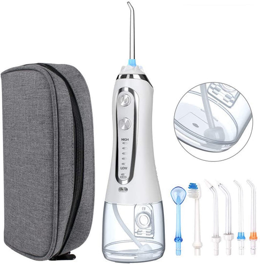 H2OFLOSS 5 Modes Cordless Dental Water Flosser with Gravity Ball Design 6 Jet Nozzles and Handy Cosmetic Bag (white)